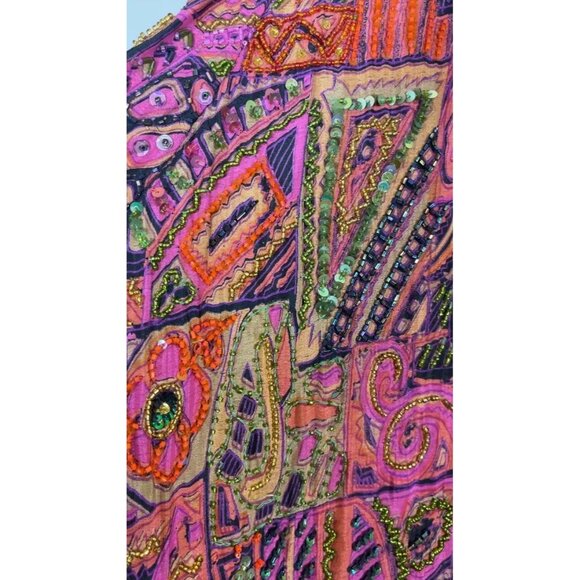 Vintage Silk Beaded Floral Sequin Jacket L Pink Avant Garde Swing Coat Patchwork - Picture 7 of 15